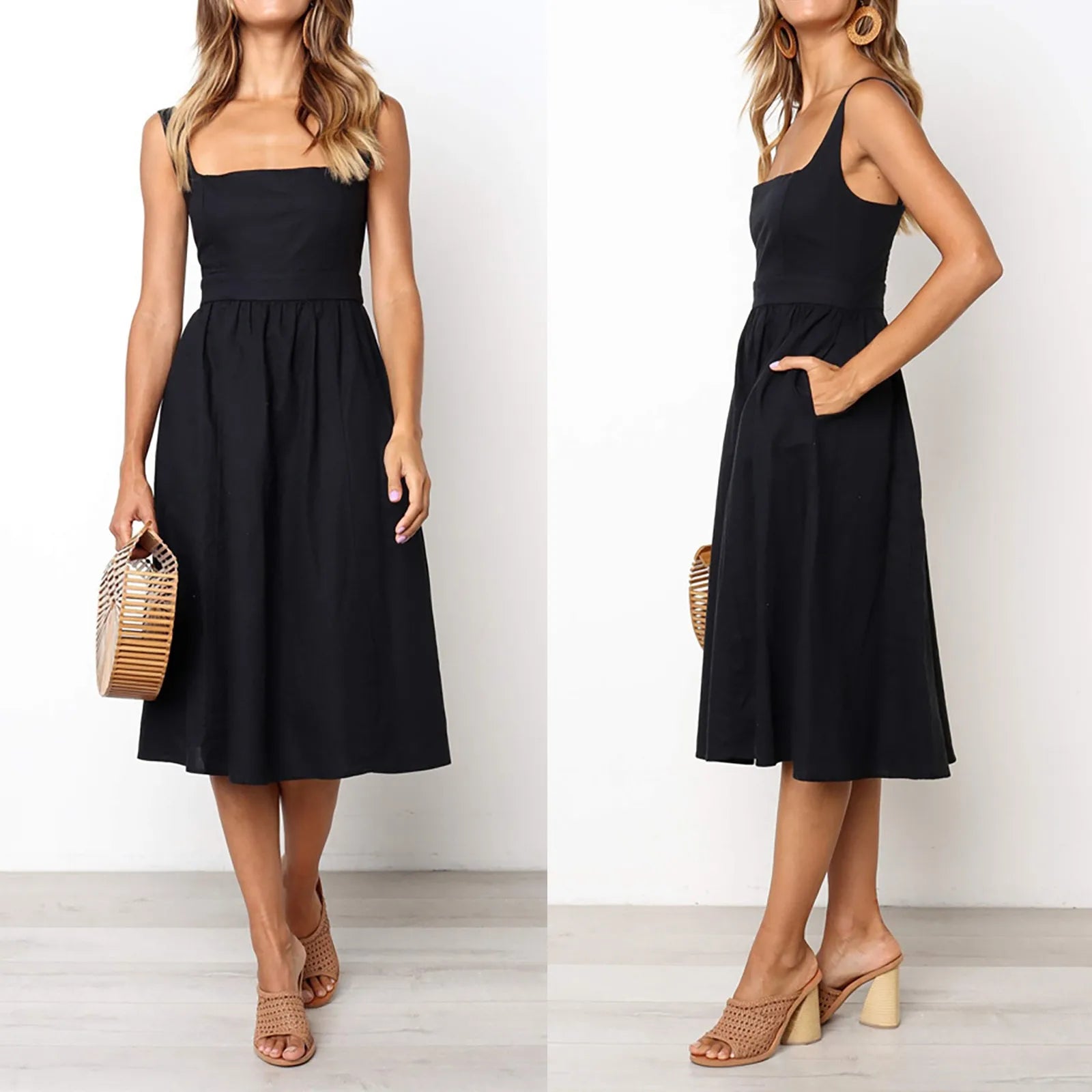 Sexy Square Neck Solid Color Midi Dress Spaghetti Straps Sleeveless Summer Loose Dress Elegant Party Dresses For Women платье