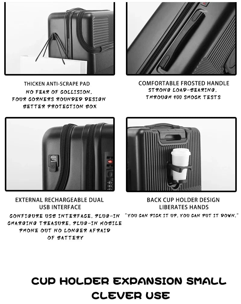 Polycarbonate Carry-On Luggage 20-Inch Lightweight With Cup Holder — Metallic Silver | KIMLUD