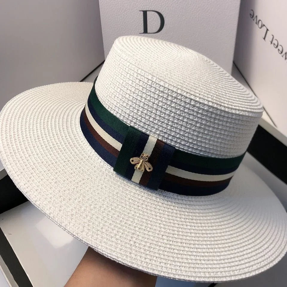 Polyester Wide Brim Hat Striped Bee Embroidery — Multicolor | KIMLUD
