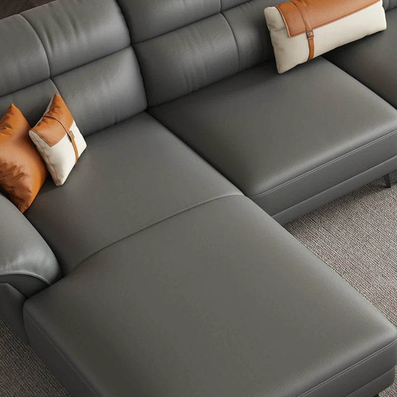Leather Sculpted Modern L-Shaped Sofa — Black | KIMLUD