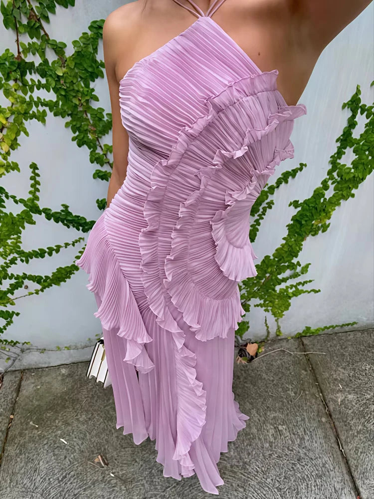 Mozision Elegant Off-shoulder Ruffle Sexy Maxi Dress Women Fashion Halter Sleeveless Backless Draped Pleated Club Party Dress