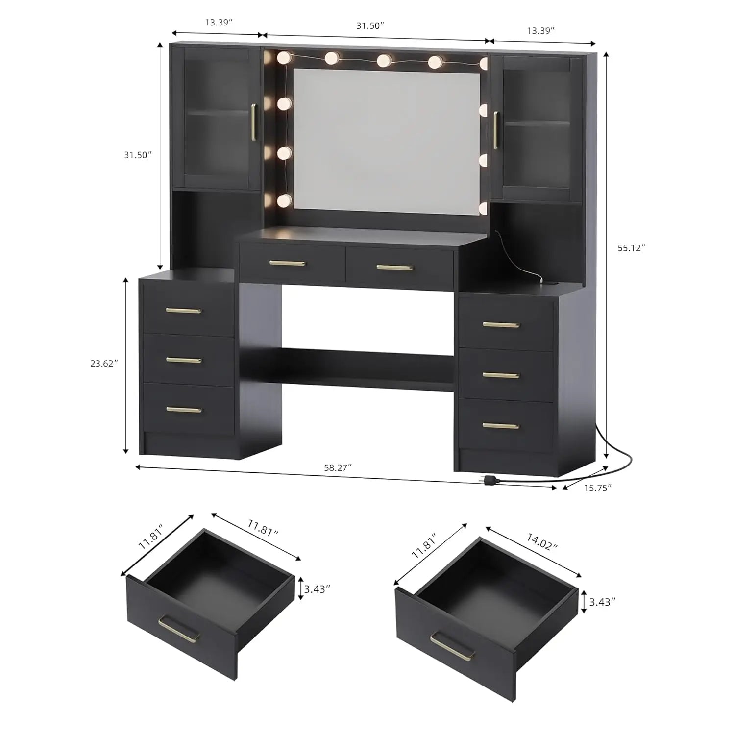 Matte Black Makeup Vanity Desk With Mirror And Lights — Black | KIMLUD