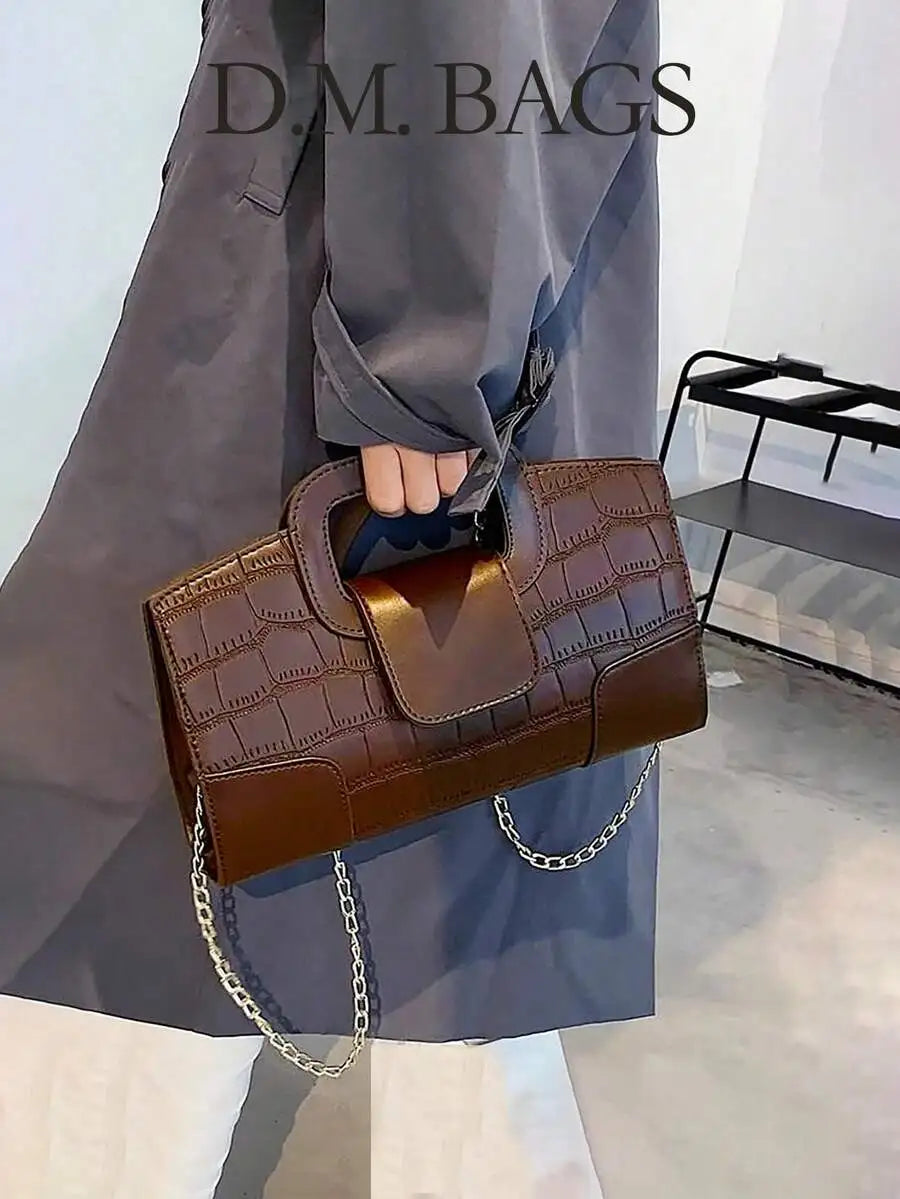 Black PU Croc-Texture Patchwork Clutch with Top Handle for Evening Events