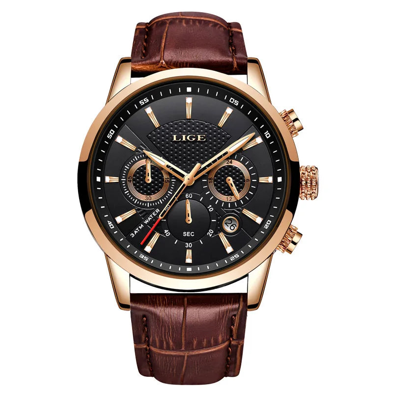 LIGE Fashion Leather Watch Men Army Military Quartz Mens Watches Top Brand Luxury Sports Waterproof Watch For Men Reloj Hombre