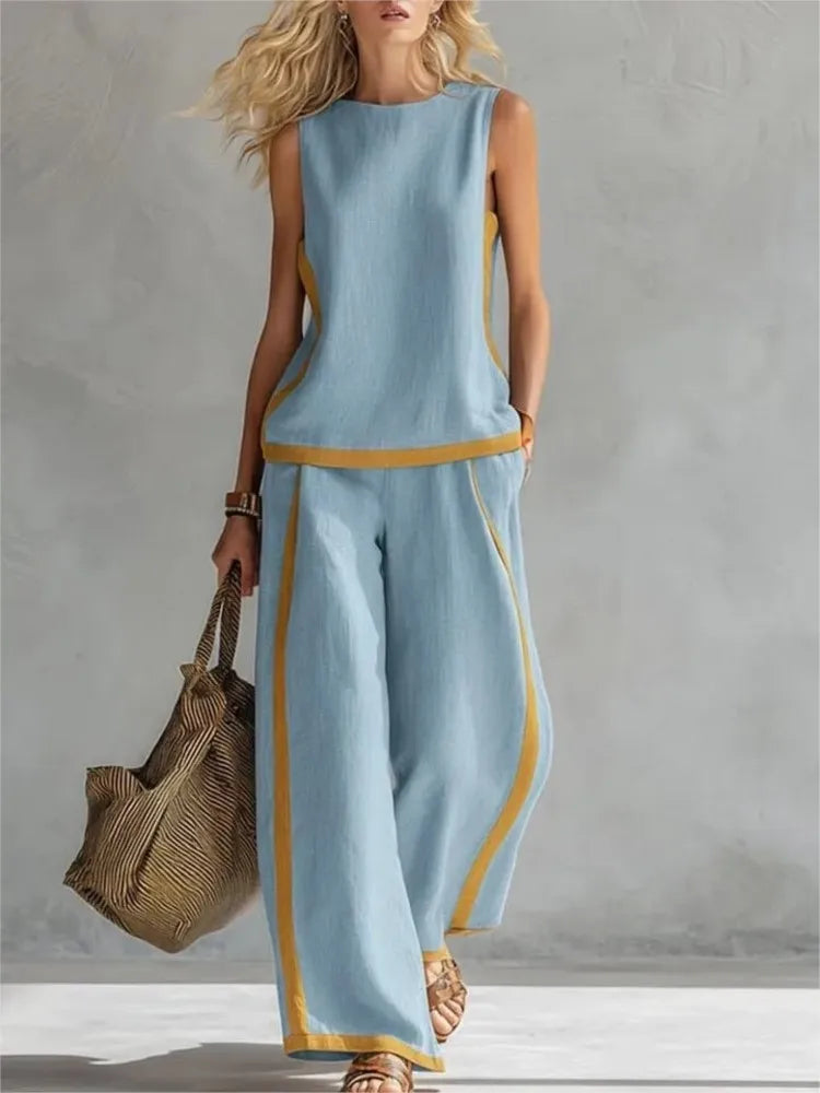 Two Piece Set – Striped Splicing – Synthetic Fiber | KIMLUD