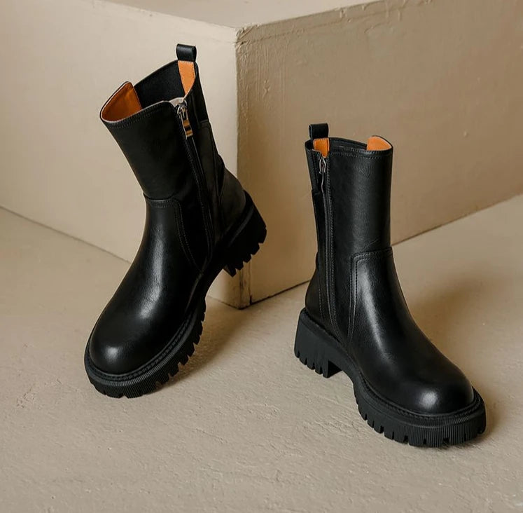 Women's Half High Boots Brown Round Toe Ladies Mid Calf Shoes Chelsea Flat Comfortable and Elegant Winter 2024 Novelty Cosplay
