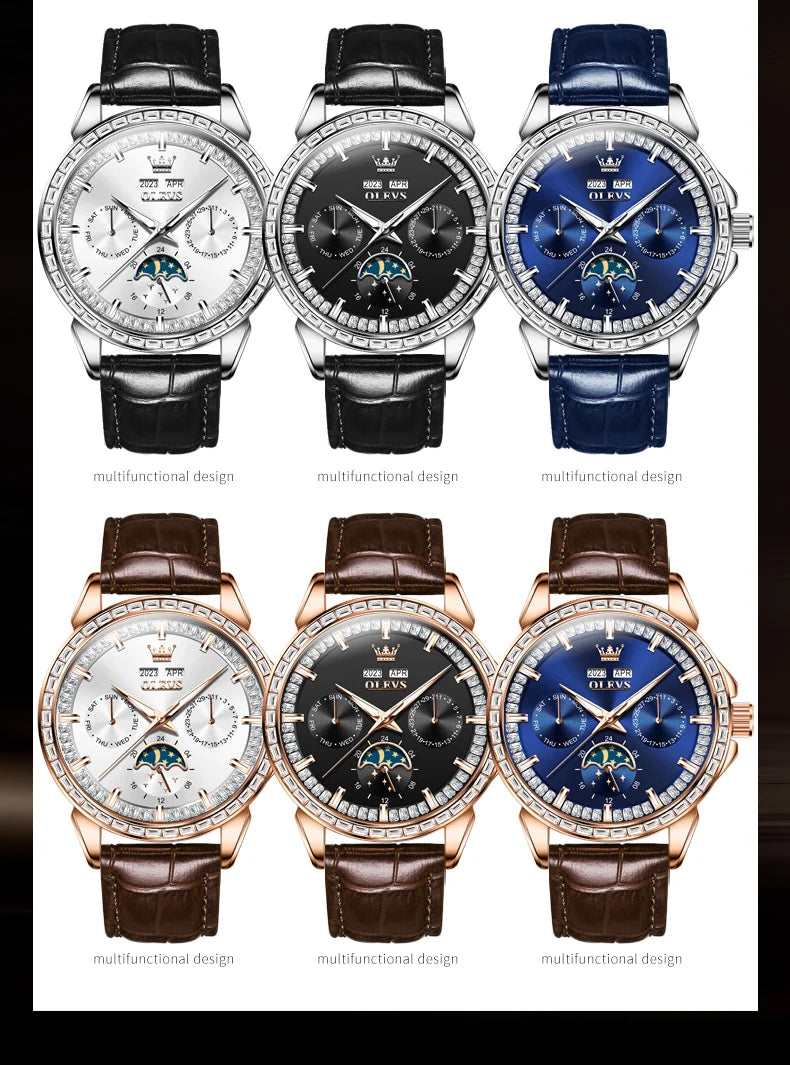Moon Phase Leather Luxury Watch Diamond Bezel With Automatic Movement 41mm Case — Blue | KIMLUD