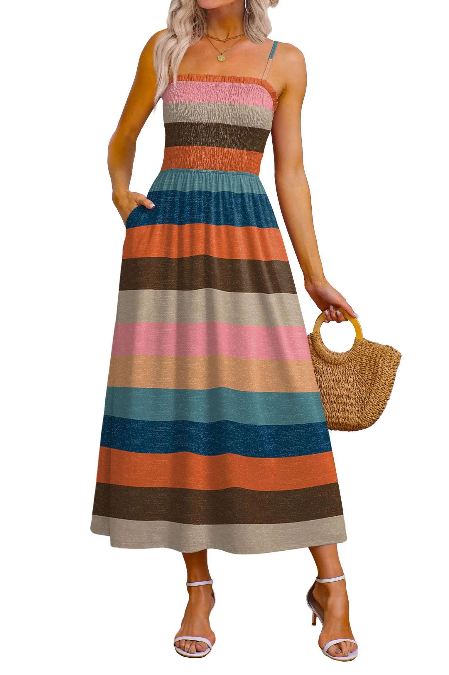 Spaghetti Strap Maxi Dress – Smocked Waist – Polyester Fiber | KIMLUD