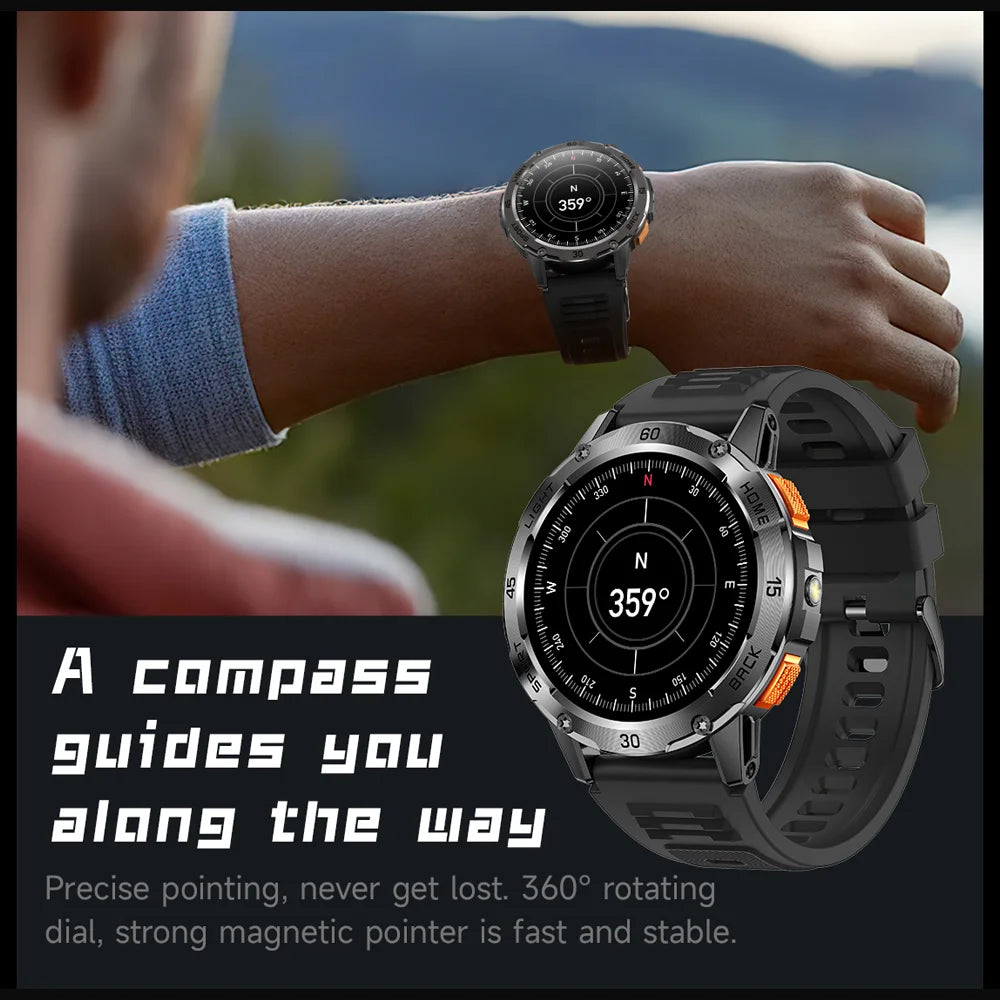 Outdoor Sport Smart Watch Men Compass 400mAh Battery Flashlight Health Monitoring Waterproof Bluetooth Call Smartwatch 2025 New