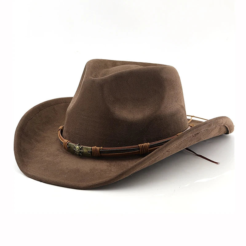 Suede Western Cowboy Hat Rolled Brim Unisex — Brown | KIMLUD