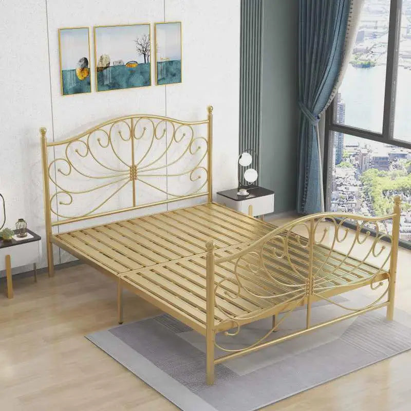 Gold-Tone Metal Bed Frame Sculptural Minimalist Modern Design Centerpiece — Gold | KIMLUD