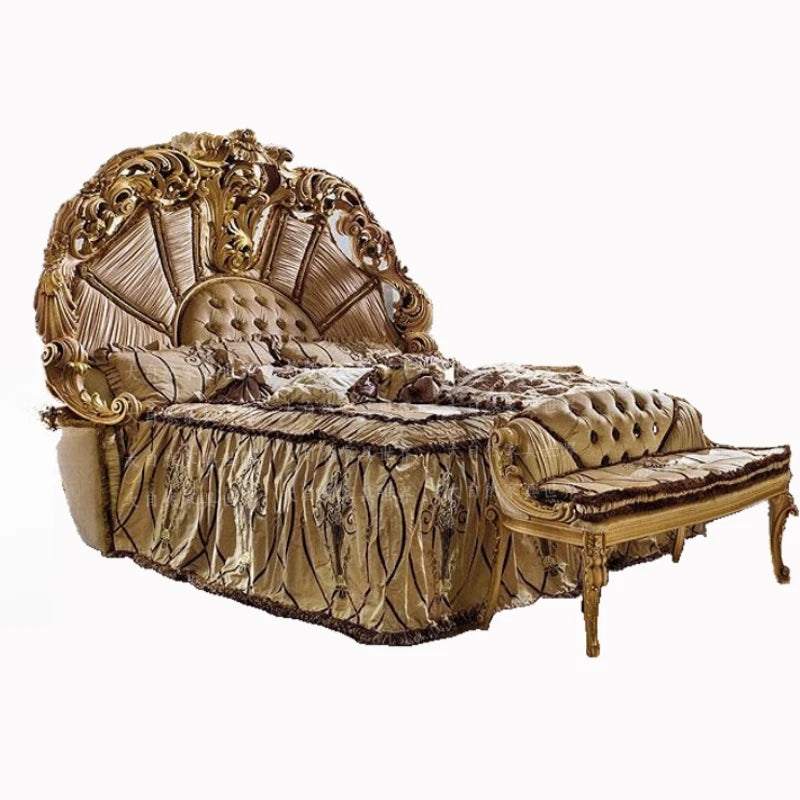 European Luxury Bed Carved Court Headboard Queen — Ivory | KIMLUD