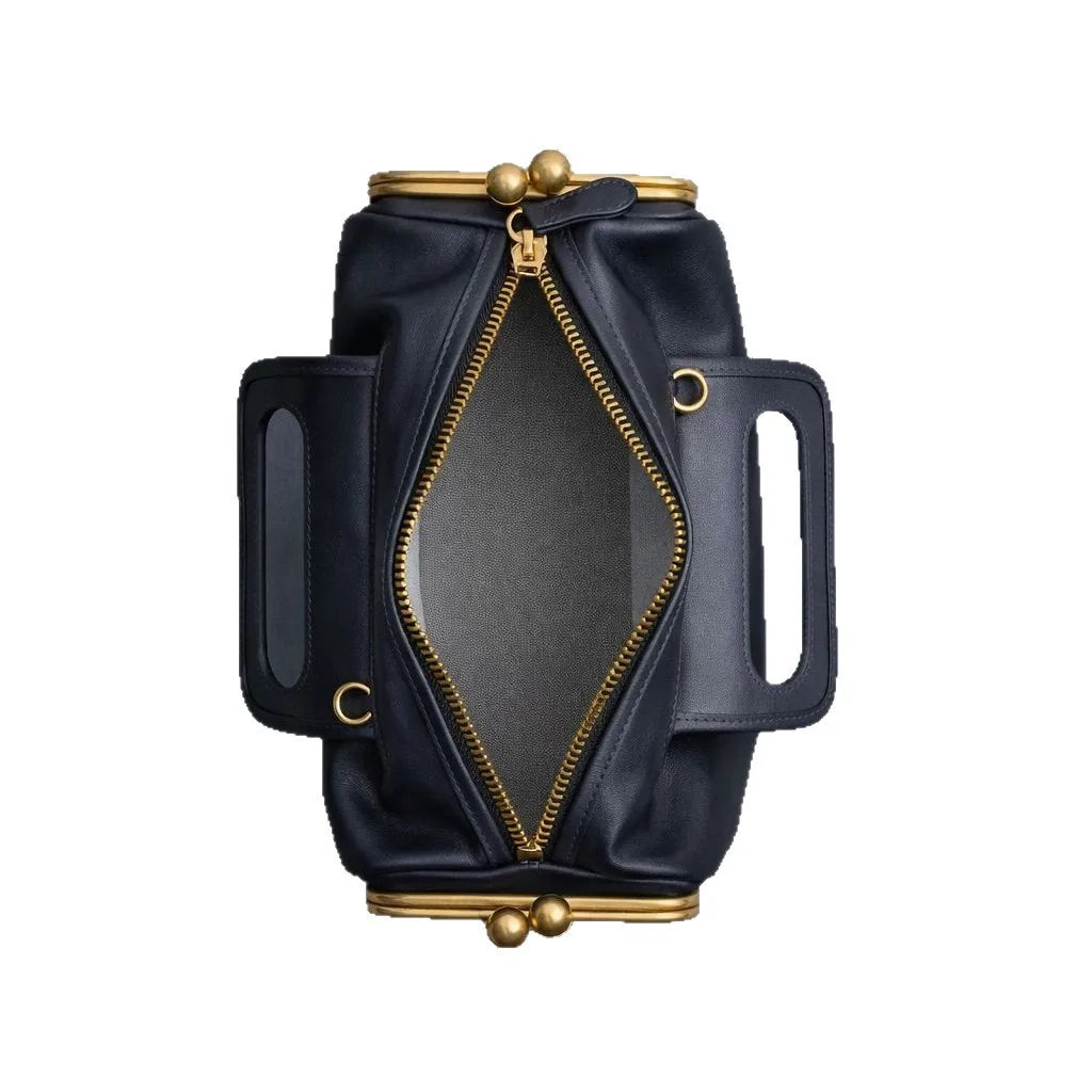 PU Frame Kiss Lock Shoulder Bag Two-Side Clamp Design — Black | KIMLUD