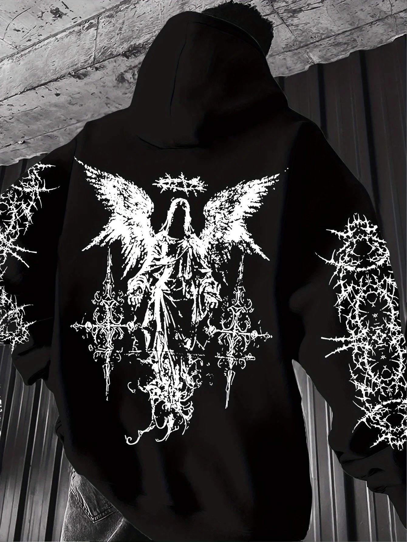 Hooded Sweatshirt – Angel Graffiti Thorn Print – Polyester – Regular Fit | KIMLUD