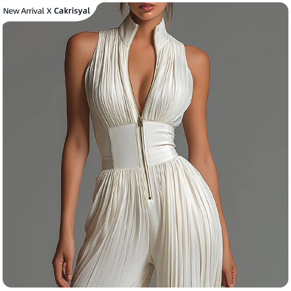 Jumpsuit – Elegant Pleated Sleeveless – Wide Leg – POLYES | KIMLUD