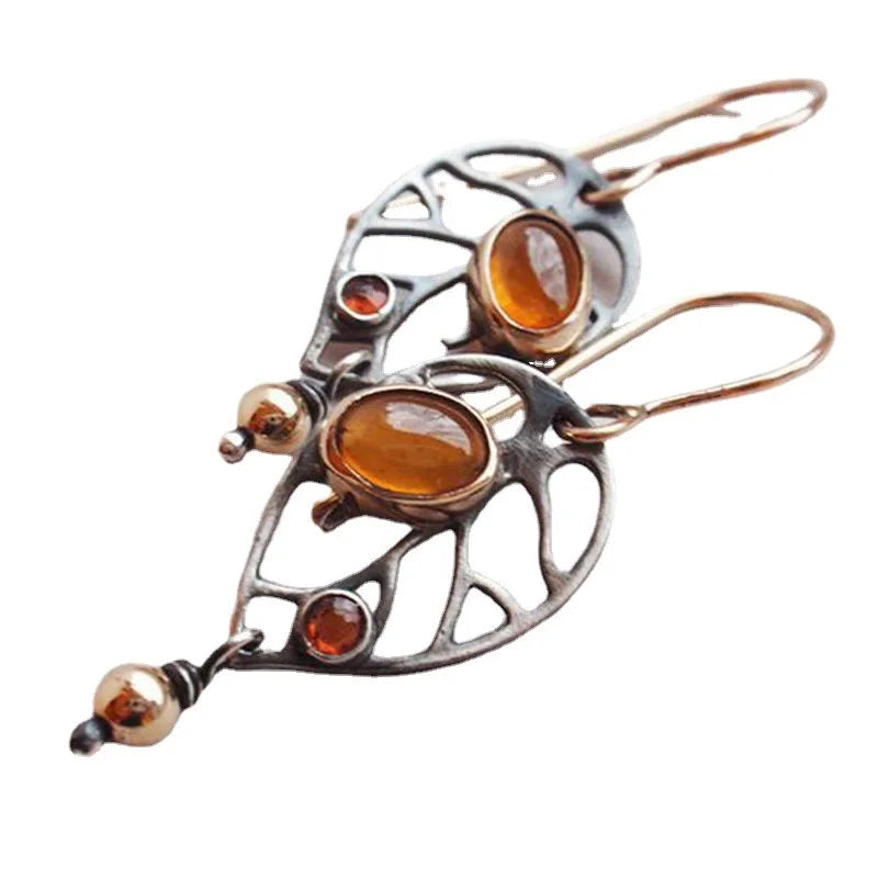 1Pair Gypsy Retro Old Ancient Silver Plated Hollow Metal Orange Yellow Stone Dangle Earrings For Women Jewelry