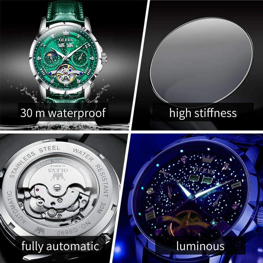 Moon Phase Mechanical Watch Skeleton — Emerald Green | KIMLUD