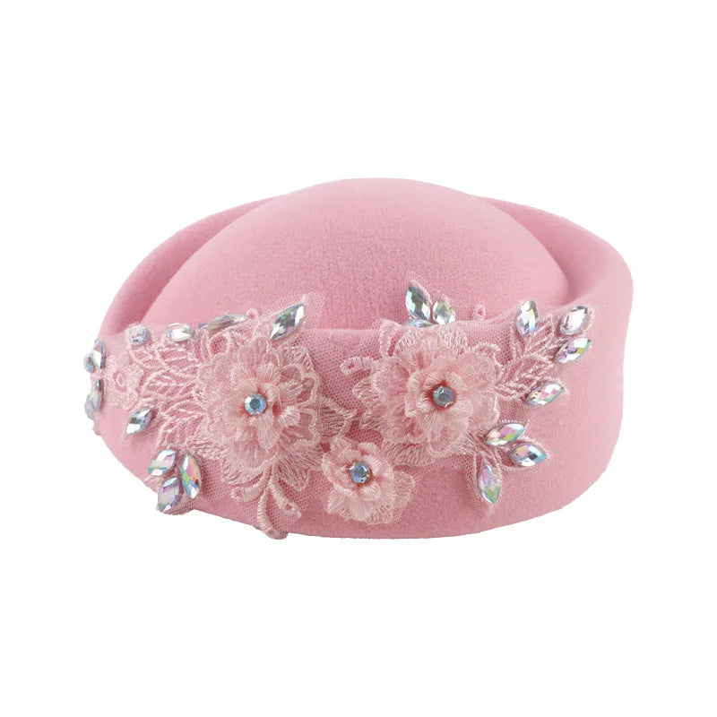 Beret Hat – Flower Embellishment – Polyester – Red and White | KIMLUD