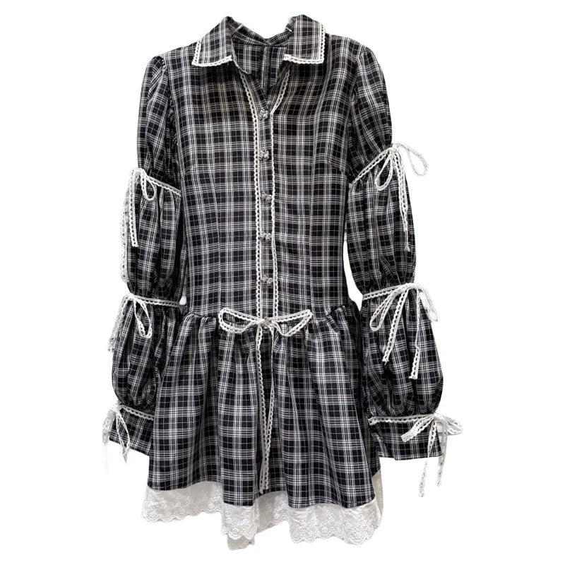 Shirt Dress – Plaid Bow Tie Long Sleeve – Polyester | KIMLUD