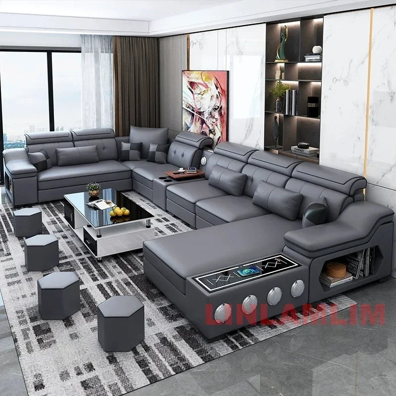 Linlamlim Modern Scientific Fabric Sectional Sofa Set with Chaise Lounge, Bluetooth Speakers, USB Charging Ports for Living Room