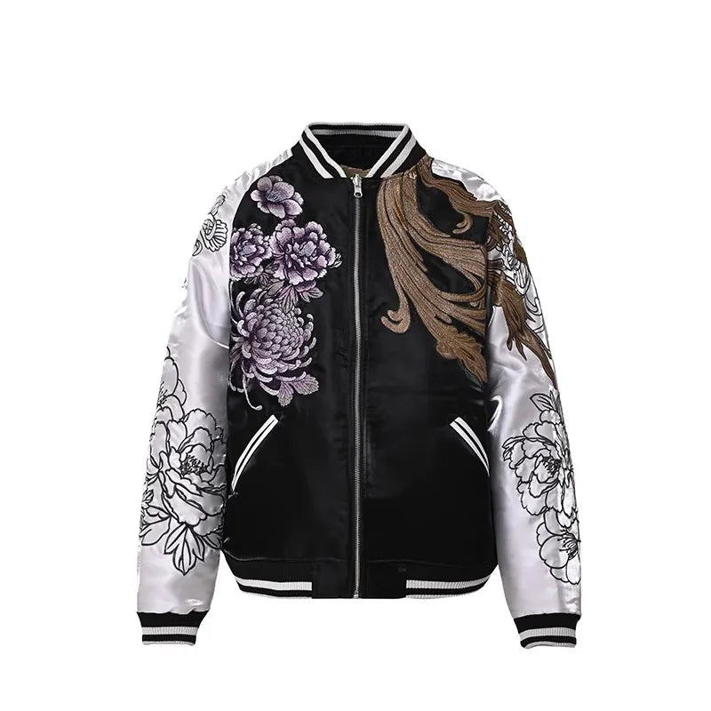 Polyester Sukajan Jacket Hand-Painted Dragon, Phoenix And Peony Embroidery Across Chest — Black | KIMLUD