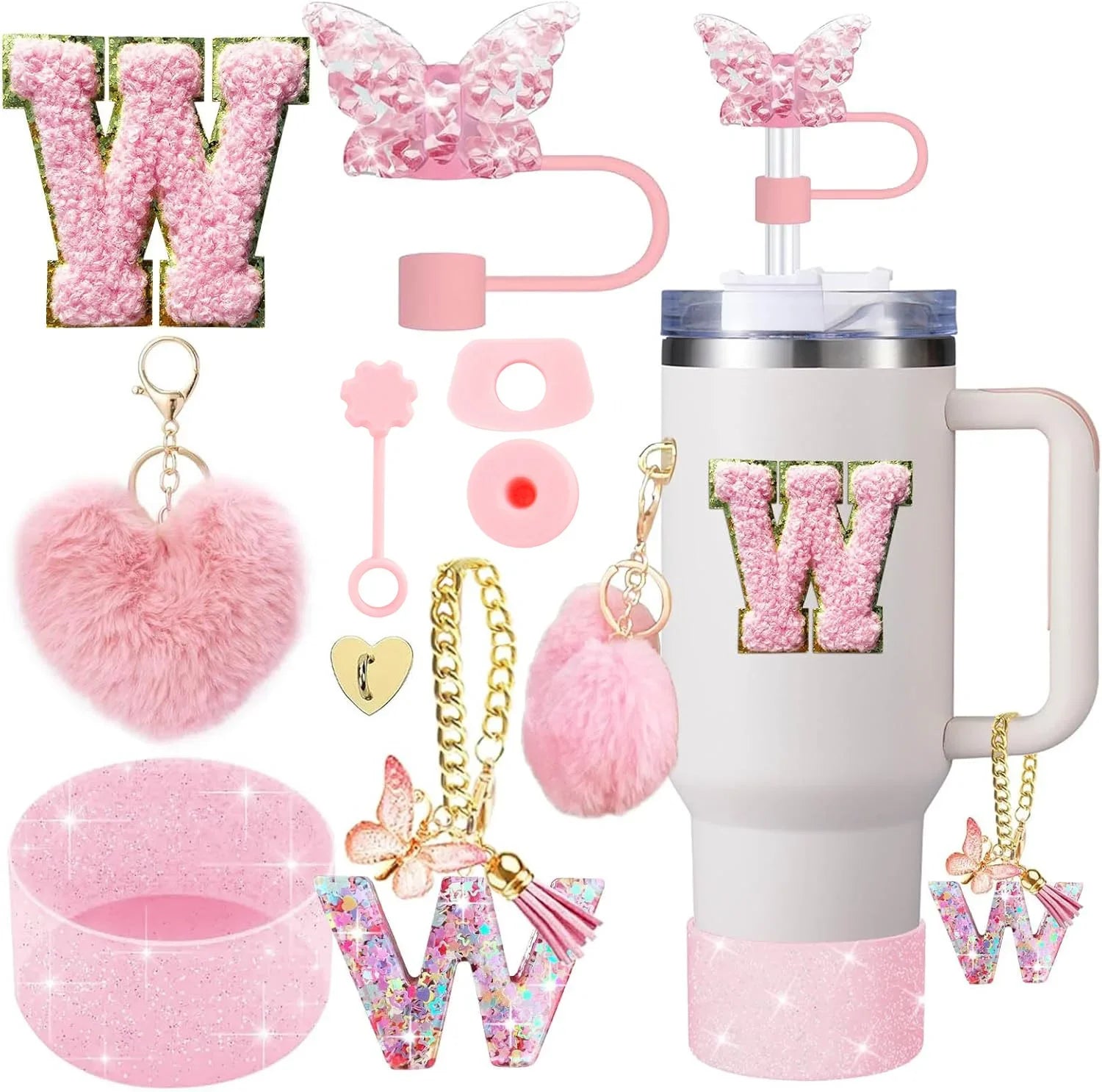 9PCS Cup Accessory Set for Stanley 30oz 40oz Butterfly Straw Cover Cap Silicone Boot Charm Initials Sticker Spill Proof Stopper