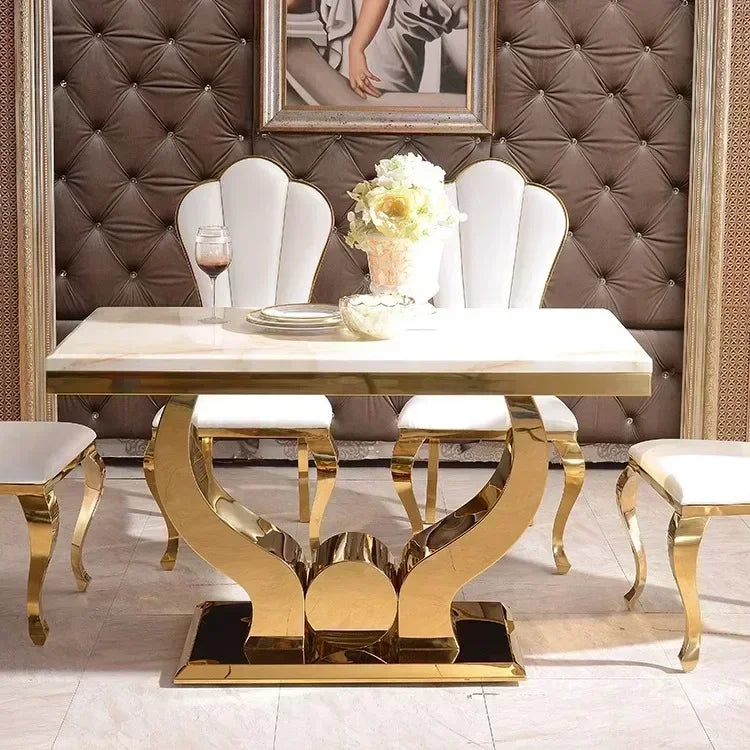 Marble Dining Table Set Rectangular 6 Chairs — Warm Gold | KIMLUD