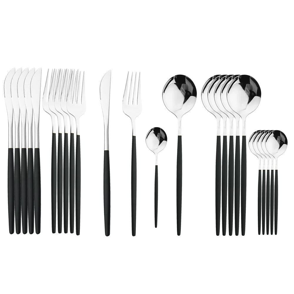 Gold Tone Cutlery Set With Black Handles — Black | KIMLUD