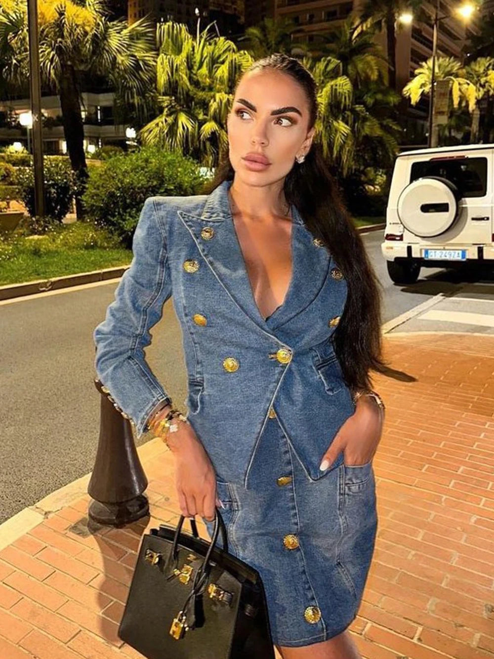 Modphy High Quality Women'S Double Breasted Slim Fit Denim Blazer Long Sleeve Jean Jacket High Waisted Pencil Mini Skirt Set