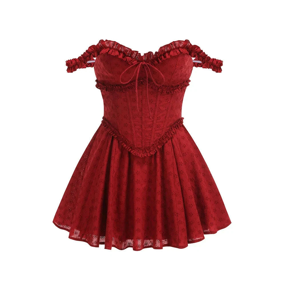 KIMLUD, VC Trendy Red Off-Shoulder V Neck Mini Ruffled Dress with Corset Top for Festival & Event Favorite Gown, KIMLUD Womens Clothes