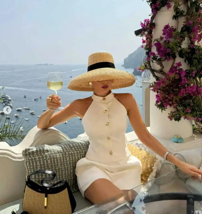 Straw summer hat French elegant ladies seaside travel sun hat Hepburn style wide brim hat 햇빛가리개 모자 모자