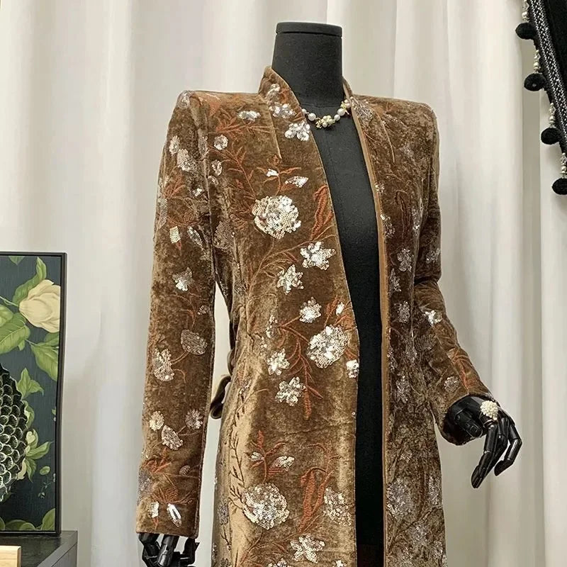 BESTBAFU Luxury Sequin Party Jacket Women Chinese Style Retro Embroidered Velvet Coat Winter v-Neck Belt Long Outerwears 261F
