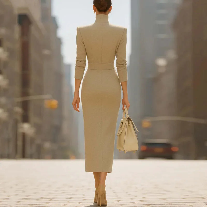 Polyester Midi Dress Belted V-Neck With Slit For Elegant Evening Styling — Warm Sand Beige | KIMLUD