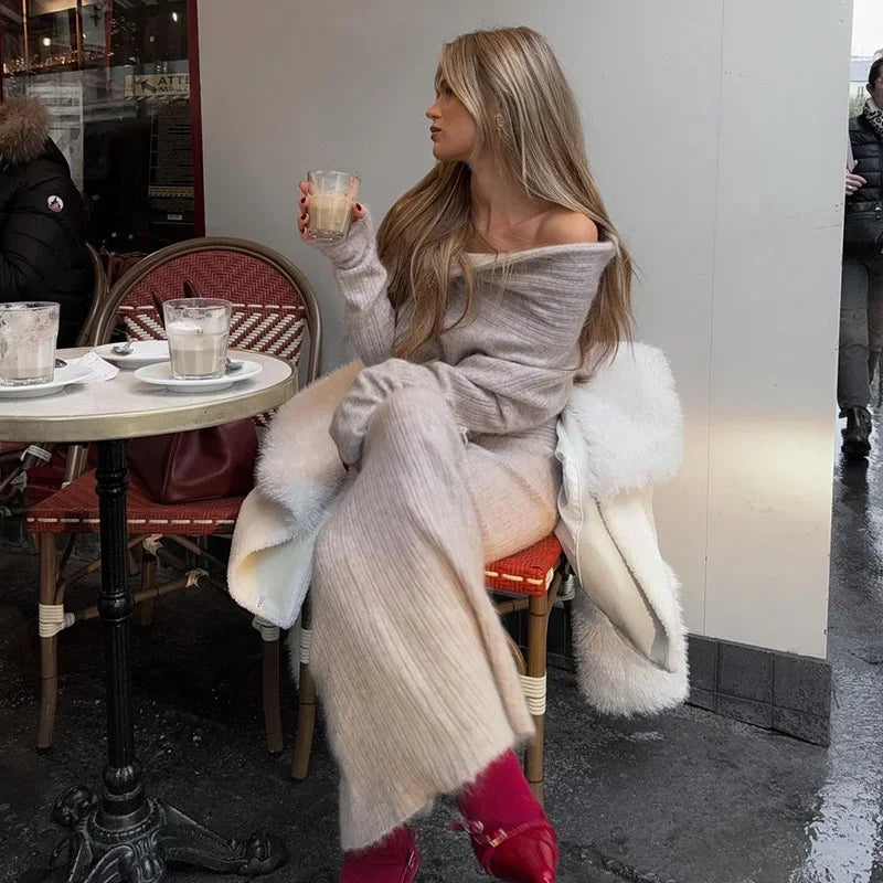 KIMLUD, Knitting Off The Shoulder Long Sleeve Women'S Tops Skirt Women'S Sets Sweatshits Sweater Streetwear Wholesale Clothes, KIMLUD Womens Clothes