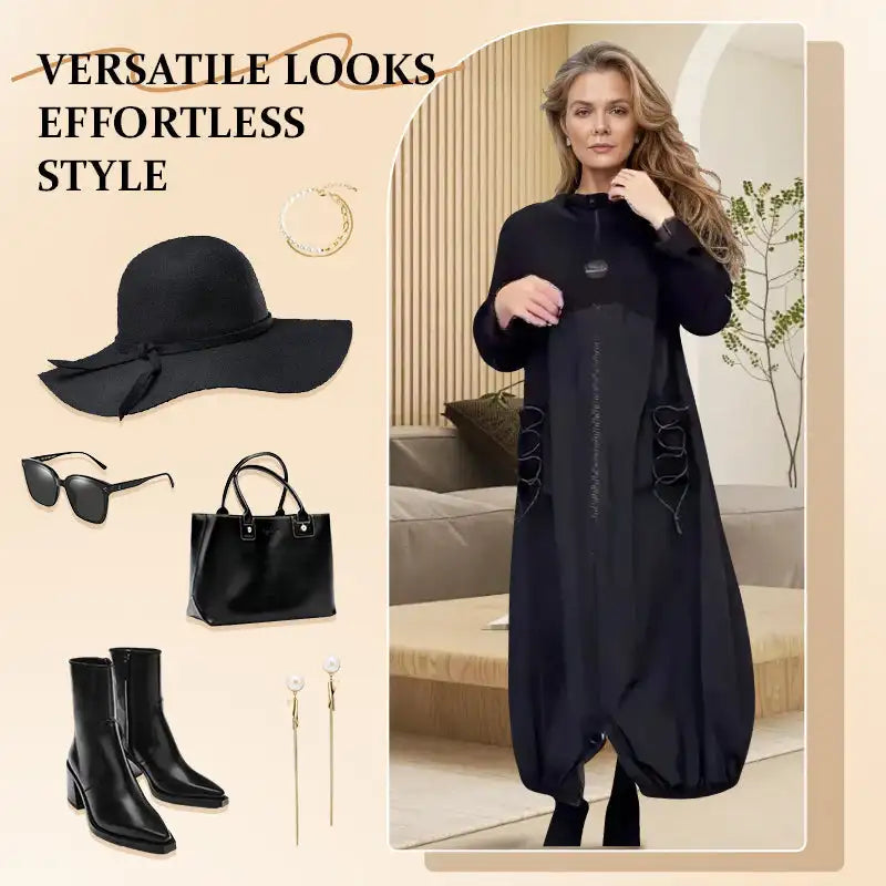 Women's Loose Shirt Dress Long- Sleeved With Mocha Collar And Drawstring Fashion High Quality Casual Dress Visually Stretched