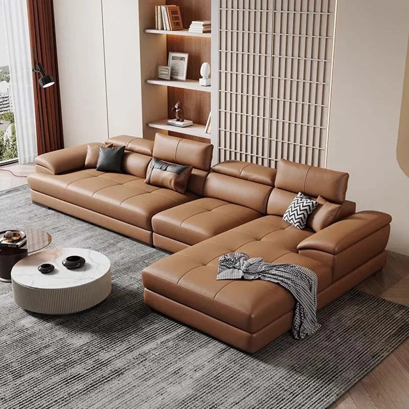 Genuine Leather Sectional Sofa Modular Corner — Camel Tan | KIMLUD