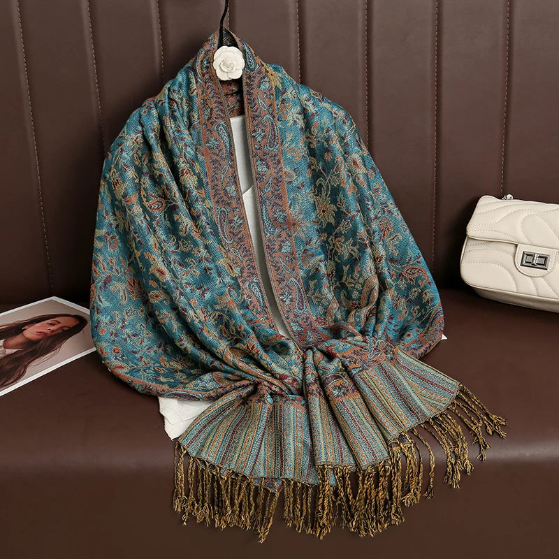Cashmere Pashmina Shawl With Autumn Print Design, Olive Accents And Gold-Toned Fringe — Red | KIMLUD