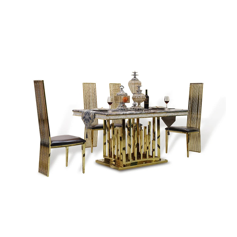 Marble Dining Table Set With Gold Frame — Black | KIMLUD