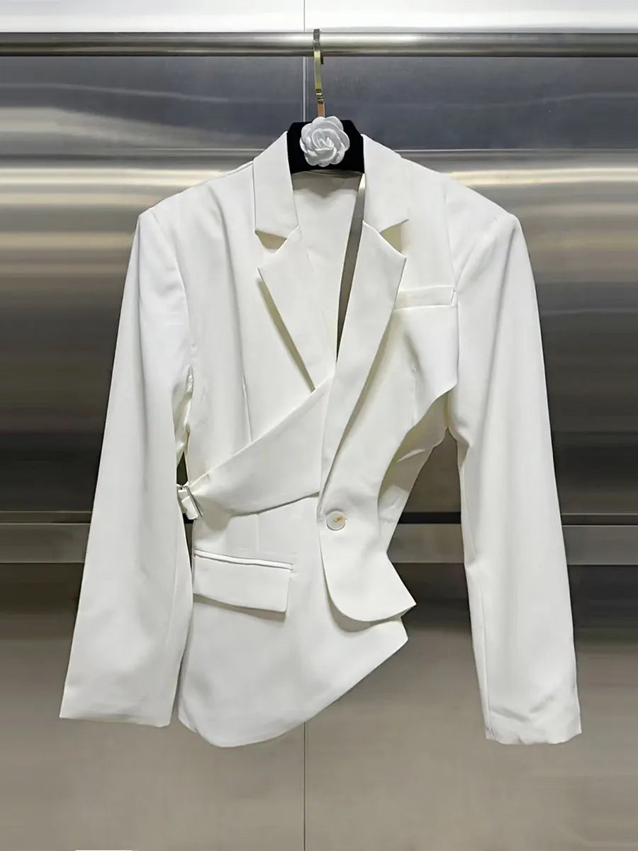 Polyester Cotton Solid Asymmetrical Blazer — Black | KIMLUD