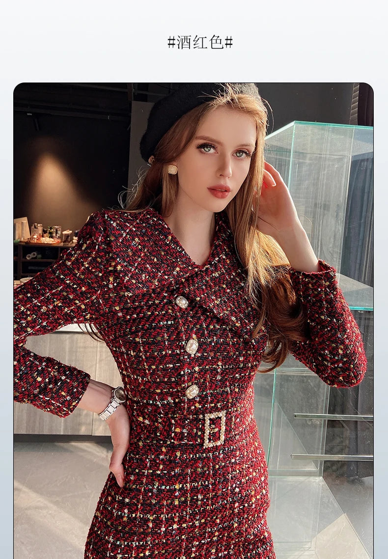 Tweed Dress Asymmetric Large Lapel Slimming — Black | KIMLUD