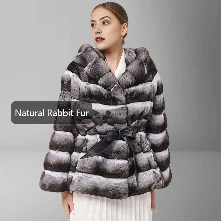 KIMLUD, Natural Rex Rabbit Fur Jacket With Hood Women's Winter Jacket Real Rabbit Fur Coat With Belt Hot Selling Genuine Leather Jackets, KIMLUD Womens Clothes