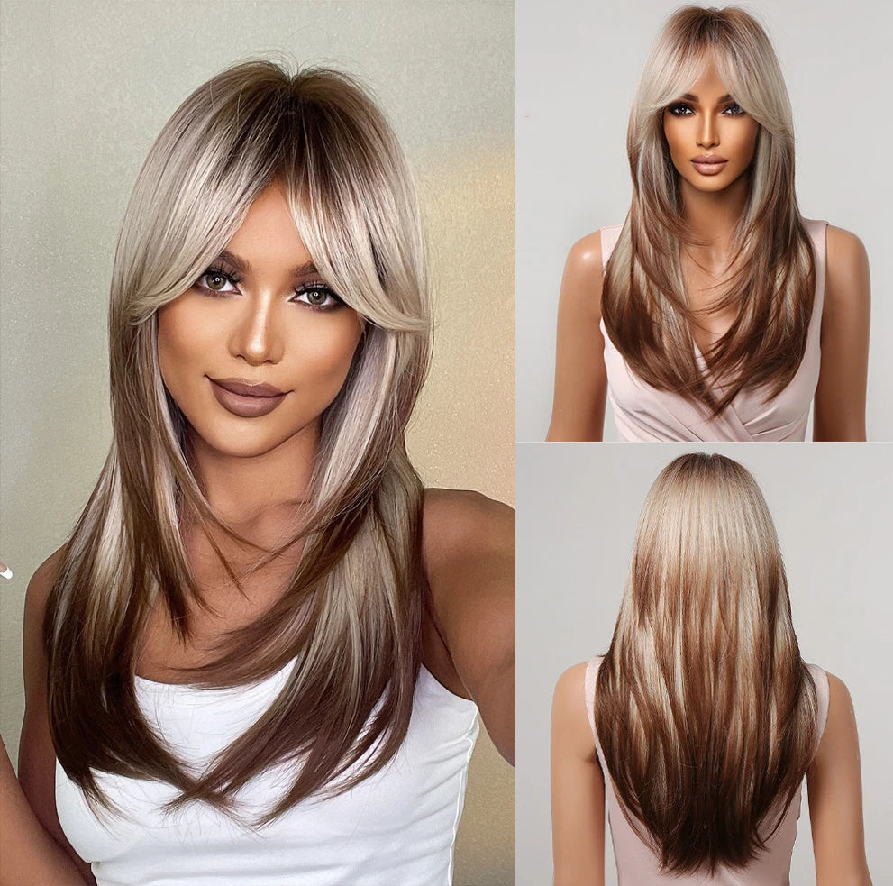 ALAN EATON Chestnut Brown Synthetic Wig with Bangs Long Straight Wig Natural Layered Hair Smooth Soft Daily Wig Heat Resistant