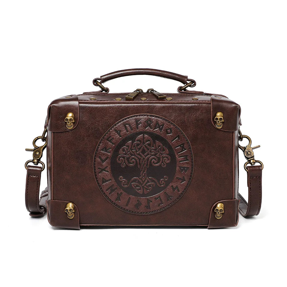 Medieval Renaissance Punk Box Bag Skull Studs — Warm Brown | KIMLUD