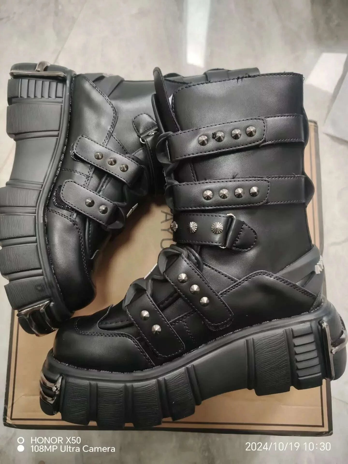 KIMLUD, 2025 New Star Same Dark Goth Mid-tube Metal Rivet Lace-up Men's and Women's Platform Punk Boots Tide, KIMLUD Womens Clothes