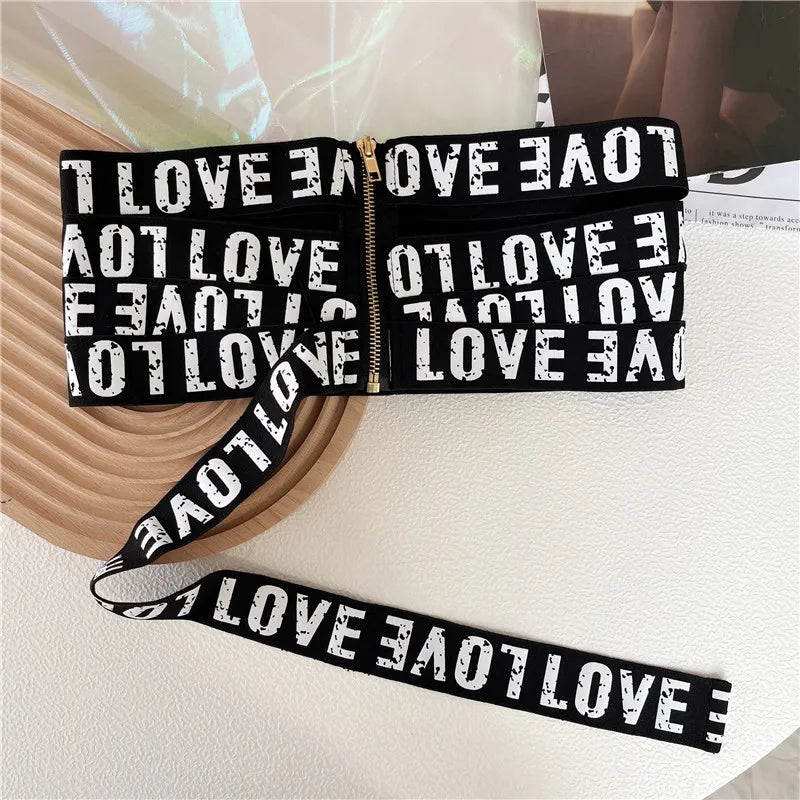 GetSpring Women Cummerbunds Letter Printed Zipper Black Wide Belt Fashion Elastic Waistband All Match Ladies Waist Band Corset