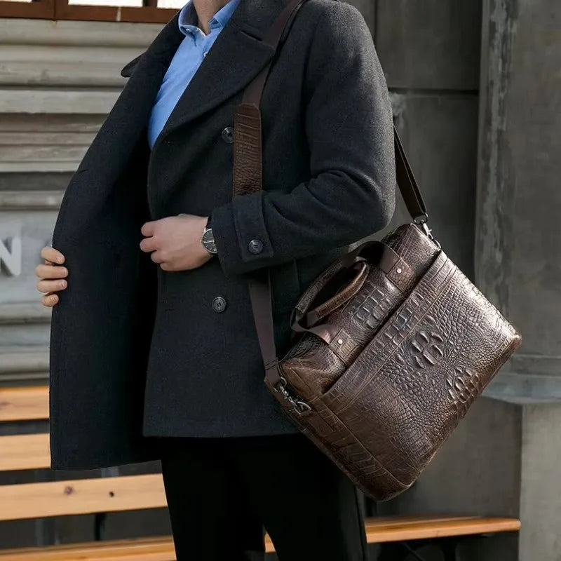 WESTAL Men Briefcase Men's Bag Genuine Leather Office Bags for Men Laptop Bag Leather Briefcase Men Croco Design Computer Bags