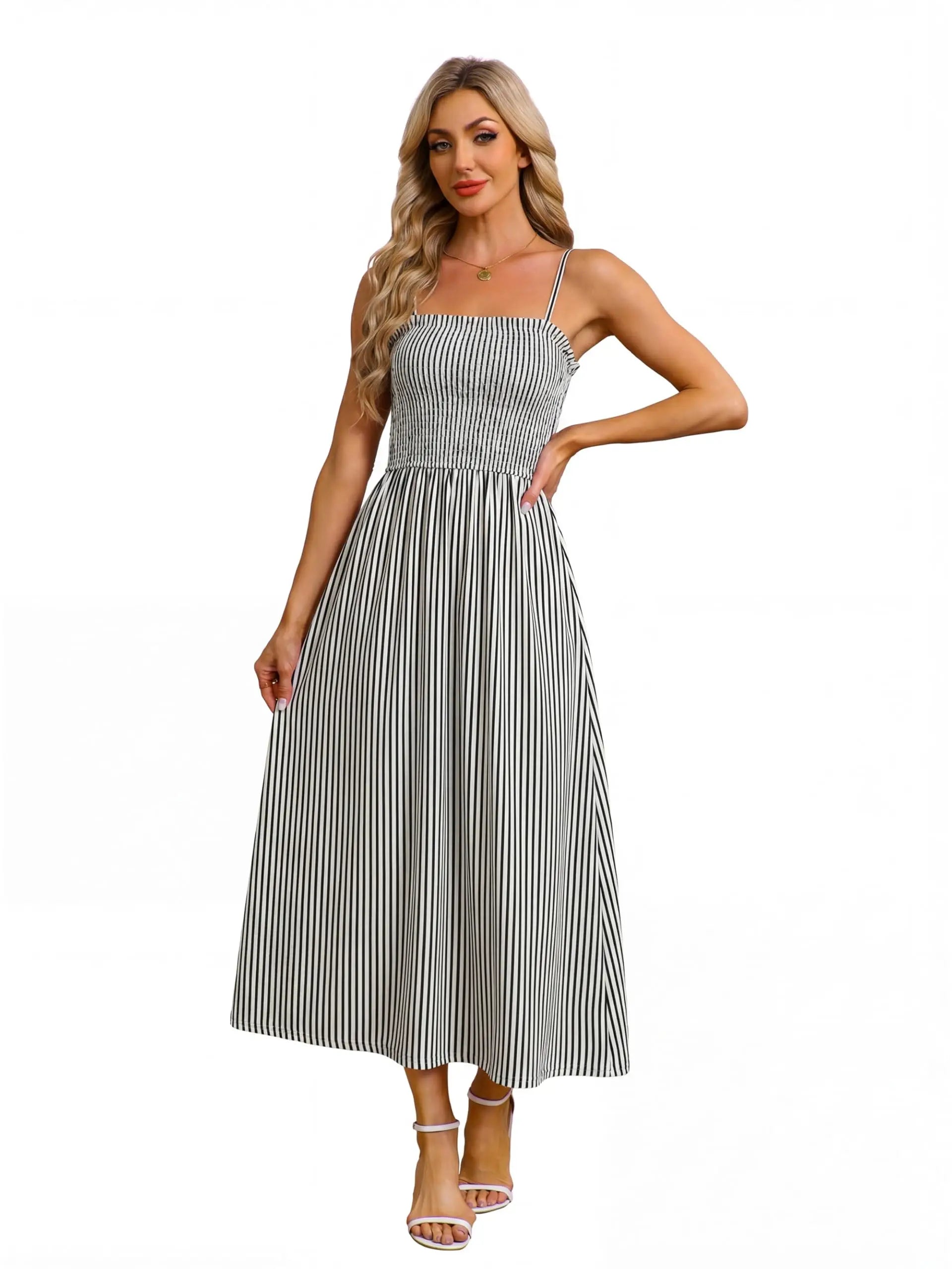 Spaghetti Strap Maxi Dress – Smocked Waist – Polyester Fiber | KIMLUD