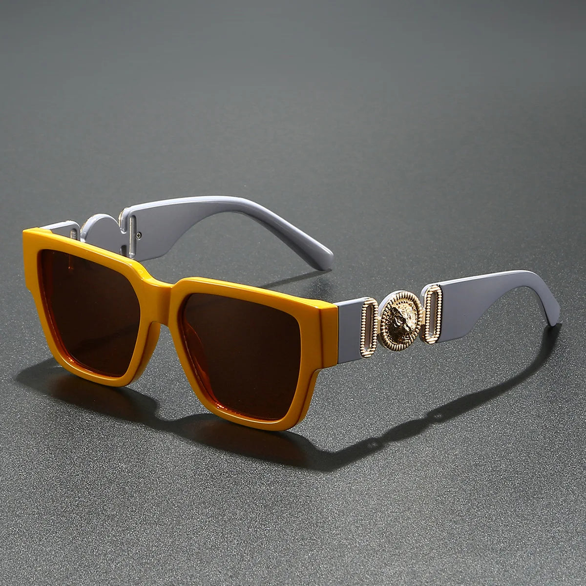 Square Polycarbonate Sunglasses Gold-Tone Lion Motif — Black | KIMLUD