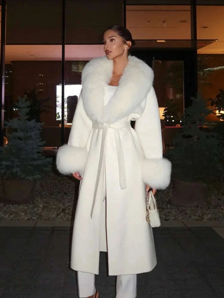 KIMLUD, Elegant Fur Patchwork Woolen Coat Women Chic Full Sleeve V-neck Lace Up Loose Long Overcoat 2025 Lady Winter Commute Outwear, KIMLUD Womens Clothes