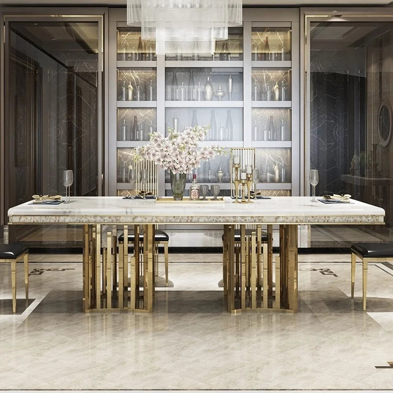 Marble Top Gold Frame Dining Table — Brown | KIMLUD